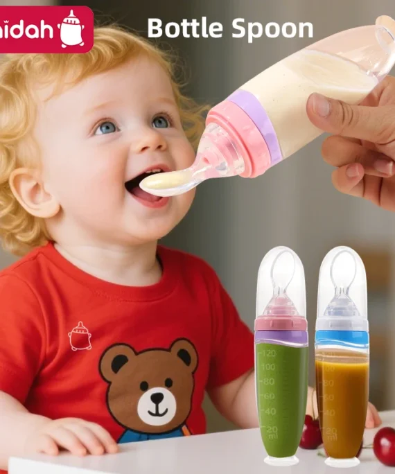 120 ml/4oz Infant Baby Liquid Silicone Food Squeeze Feeder | Fruit Puree & Rice Paste Dispenser | Detachable Spoon